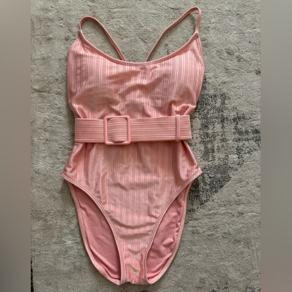 Elegant pink ribbed belted one piece